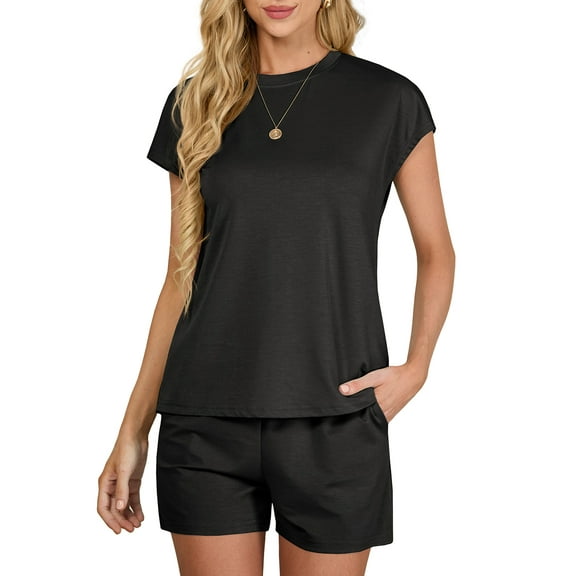 JWD Outfit Sets for Women 2 Piece Sets Casual Short Sleeve Pullover Tops and Elastic Waist Knitted Shorts Black L