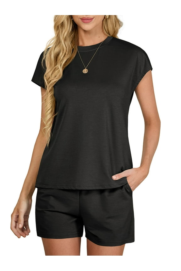 Outfit Sets for Women 2 Piece Sets Casual Short Sleeve Pullover Tops and Elastic Waist Knitted Shorts Black L