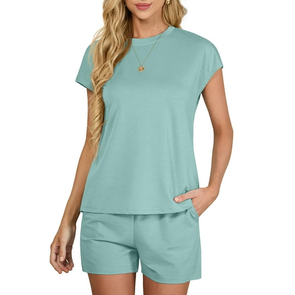 JWD Outfit Sets for Women 2 Piece Sets Casual Short Sleeve Pullover Tops and Elastic Waist Knitted Shorts Cyan S
