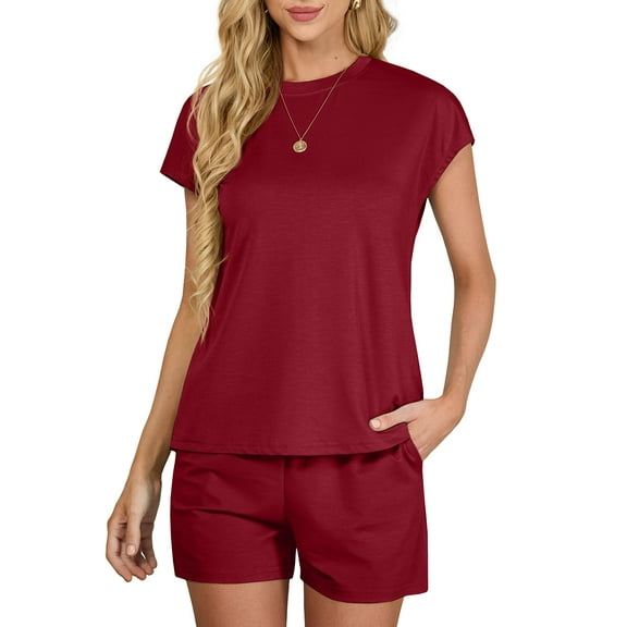 JWD Outfit Sets for Women 2 Piece Sets Casual Short Sleeve Pullover Tops and Elastic Waist Knitted Shorts Wine Red XL