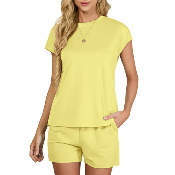 JWD Outfit Sets for Women 2 Piece Sets Casual Short Sleeve Pullover Tops and Elastic Waist Knitted Shorts Yellow XL