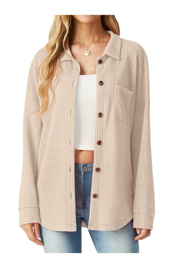 Women's Blouses Long Sleeve Knitted Shacket Jacket Lightweight Button-Down Shirts Apricot L