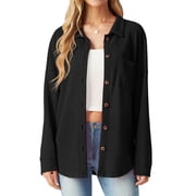 JWD Women's Blouses Long Sleeve Knitted Shacket Jacket Lightweight Button-Down Shirts Black L