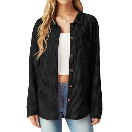 JWD Women's Blouses Long Sleeve Knitted Shacket Jacket Lightweight Button-Down Shirts Black L