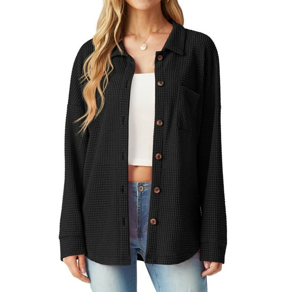 JWD Women's Blouses Long Sleeve Knitted Shacket Jacket Lightweight Button-Down Shirts Black L