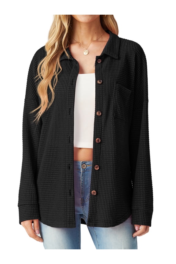 Women's Blouses Long Sleeve Knitted Shacket Jacket Lightweight Button-Down Shirts Black M