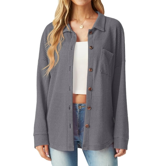 JWD Women's Blouses Long Sleeve Knitted Shacket Jacket Lightweight Button-Down Shirts Gray L