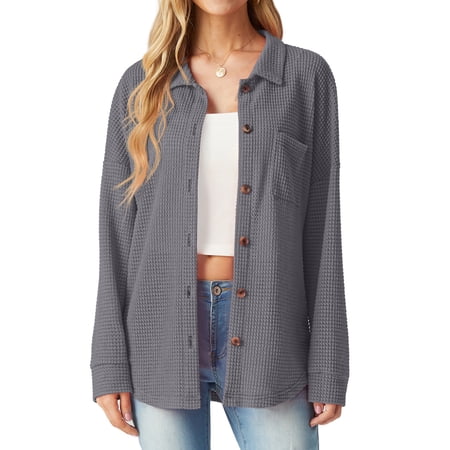 JWD Women's Blouses Long Sleeve Knitted Shacket Jacket Lightweight Button-Down Shirts Gray XL
