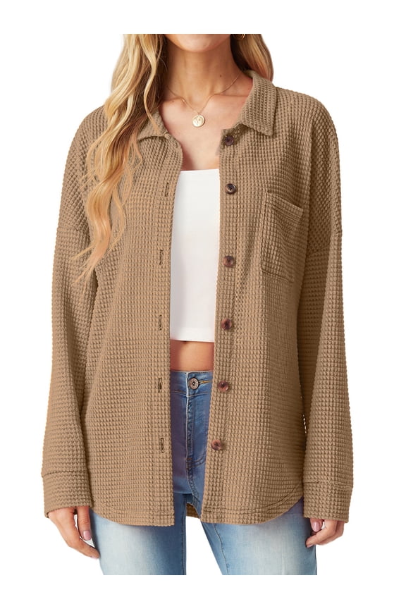 Women's Blouses Long Sleeve Knitted Shacket Jacket Lightweight Button-Down Shirts Khaki L
