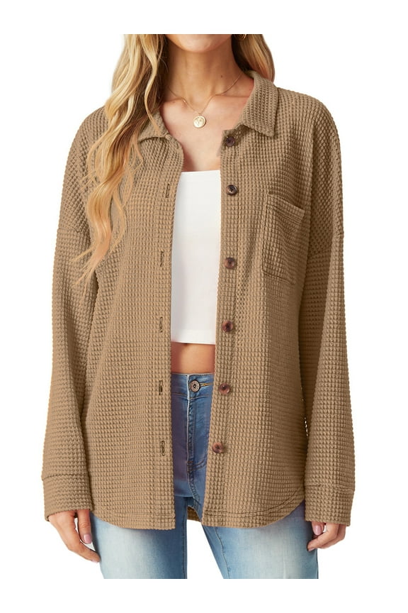 Women's Blouses Long Sleeve Knitted Shacket Jacket Lightweight Button-Down Shirts Khaki L