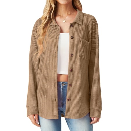 JWD Women's Blouses Long Sleeve Knitted Shacket Jacket Lightweight Button-Down Shirts Khaki S