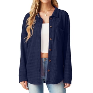 JWD Women's Blouses Long Sleeve Knitted Shacket Jacket Lightweight Button-Down Shirts Navy Blue L