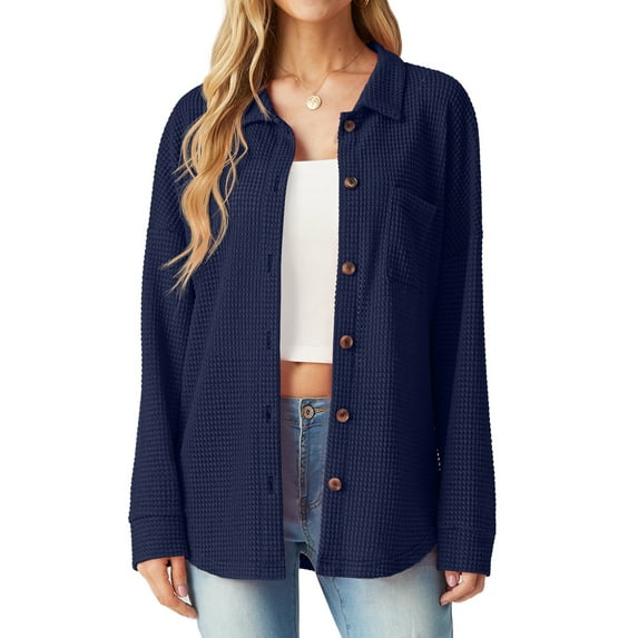 JWD Women's Blouses Long Sleeve Knitted Shacket Jacket Lightweight Button-Down Shirts Navy Blue S