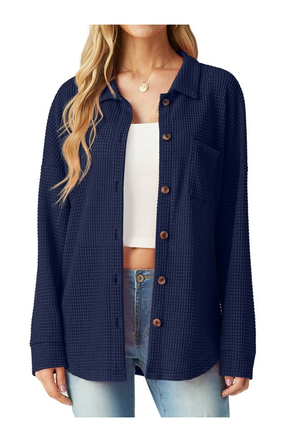 Women's Blouses Long Sleeve Knitted Shacket Jacket Lightweight Button-Down Shirts Navy Blue XL