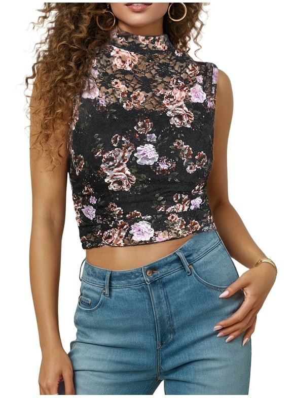 Women's Blouses Sleeveless Lace Top Mock Neck Sexy Mesh See Through Tee Shirts Party Club Lace Tank Tops For Women Black Dahlia M