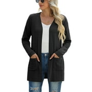 JWD Women's Cardigan Fashion Long Sleeved Slim Fit Comfortable Ribbed Knitted Lightweight Sweater With Pockets Casual Cardigan Black L