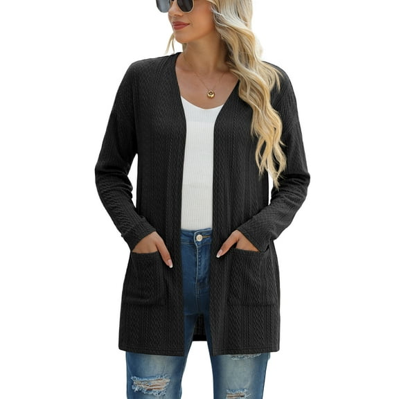 JWD Women's Cardigan Fashion Long Sleeved Slim Fit Comfortable Ribbed Knitted Lightweight Sweater With Pockets Casual Cardigan Black L