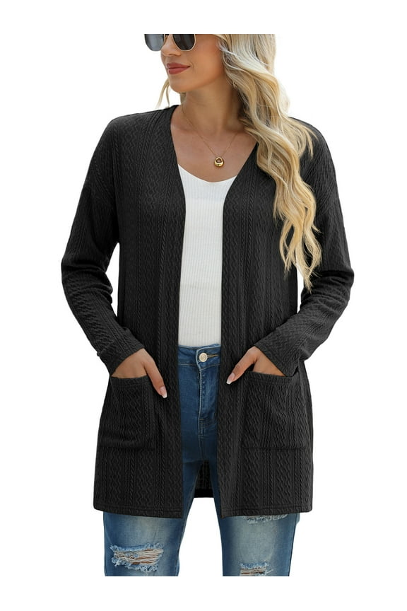Women's Cardigan Fashion Long Sleeved Slim Fit Comfortable Ribbed Knitted Lightweight Sweater With Pockets Casual Cardigan Black L