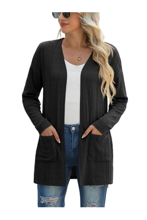 Women's Cardigan Fashion Long Sleeved Slim Fit Comfortable Ribbed Knitted Lightweight Sweater With Pockets Casual Cardigan Black XL