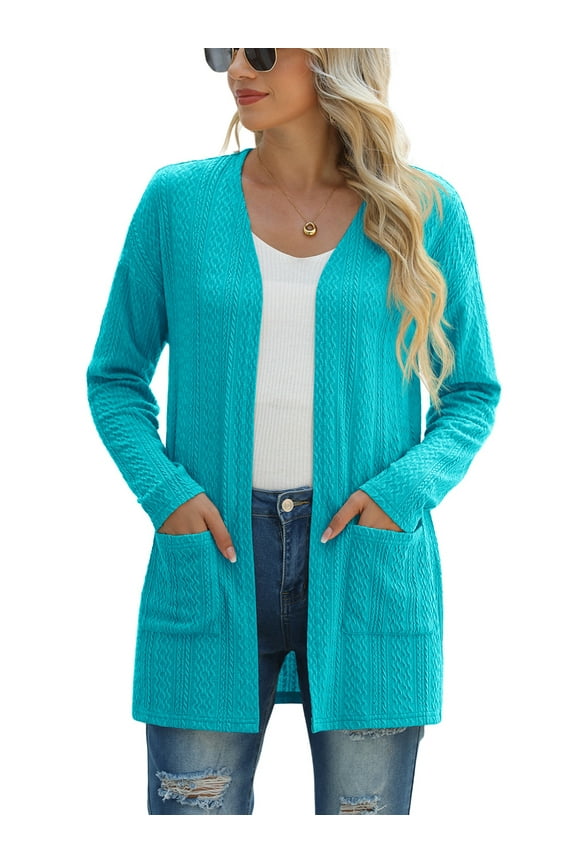 Women's Cardigan Fashion Long Sleeved Slim Fit Comfortable Ribbed Knitted Lightweight Sweater With Pockets Casual Cardigan Lake Blue L