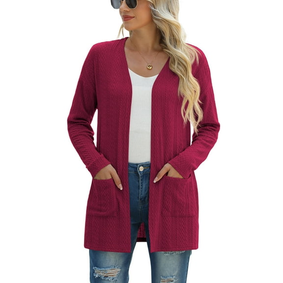 JWD Women's Cardigan Fashion Long Sleeved Slim Fit Comfortable Ribbed Knitted Lightweight Sweater With Pockets Casual Cardigan Wine Red M