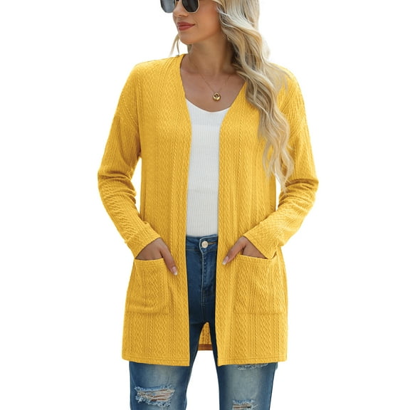JWD Women's Cardigan Fashion Long Sleeved Slim Fit Comfortable Ribbed Knitted Lightweight Sweater With Pockets Casual Cardigan yellow S