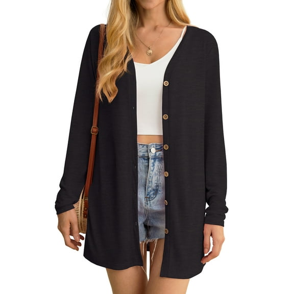 JWD Women's Cardigan Lightweight Open Front Cardigan Sheer Long Sleeve Button Down Loose Knited Cardigan Black Large