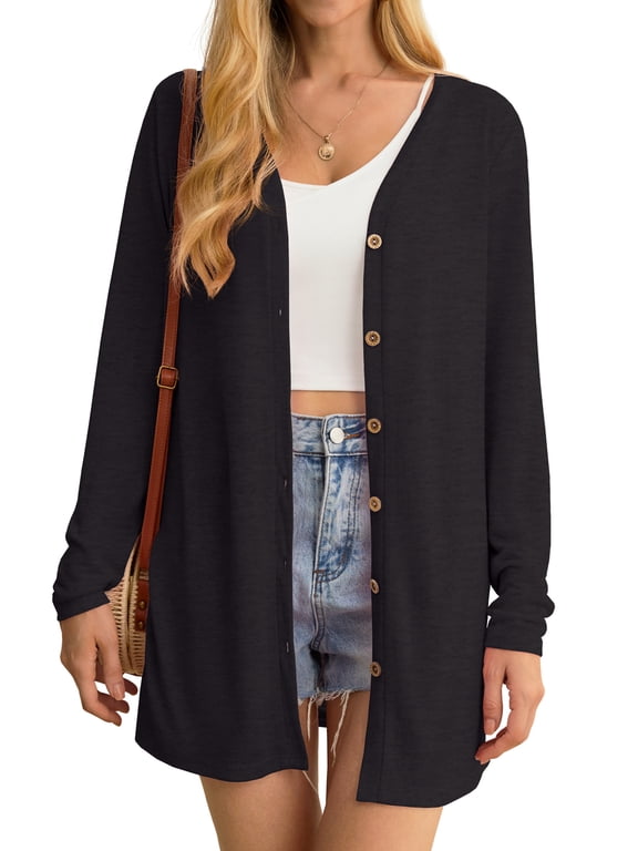 Women's Cardigan Lightweight Open Front Cardigan Sheer Long Sleeve Button Down Loose Knited Cardigan Black Large