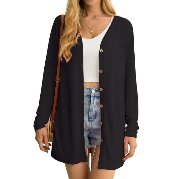 JWD Women's Cardigan Lightweight Open Front Cardigan Sheer Long Sleeve Button Down Loose Knited Cardigan Black XX-Large