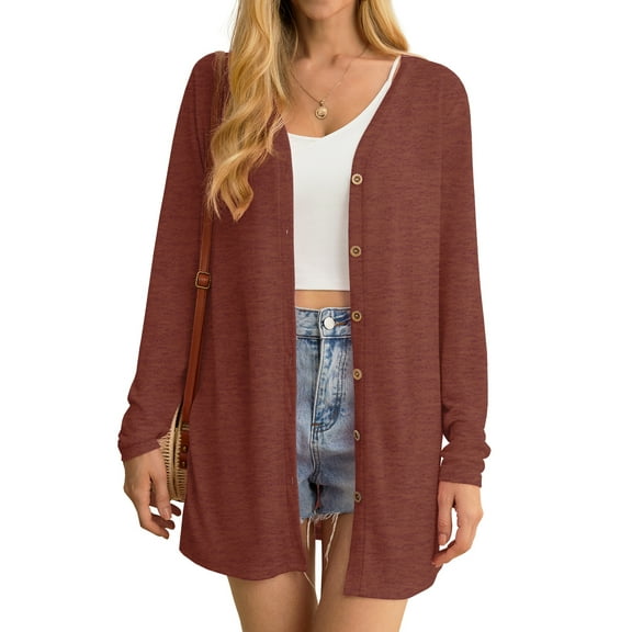 JWD Women's Cardigan Lightweight Open Front Cardigan Sheer Long Sleeve Button Down Loose Knited Cardigan Brick Red Large