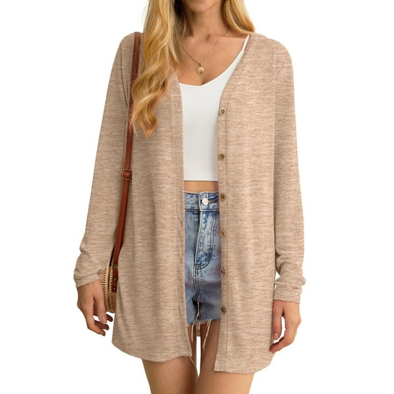 JWD Women's Cardigan Lightweight Open Front Cardigan Sheer Long Sleeve Button Down Loose Knited Cardigan Khaki Large