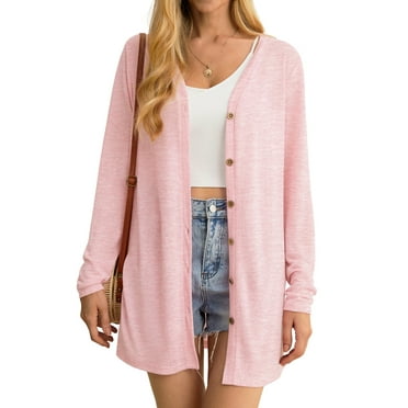 JWD Women's Cardigan Lightweight Open Front Cardigan Sheer Long Sleeve Button Down Loose Knited Cardigan Pink Large