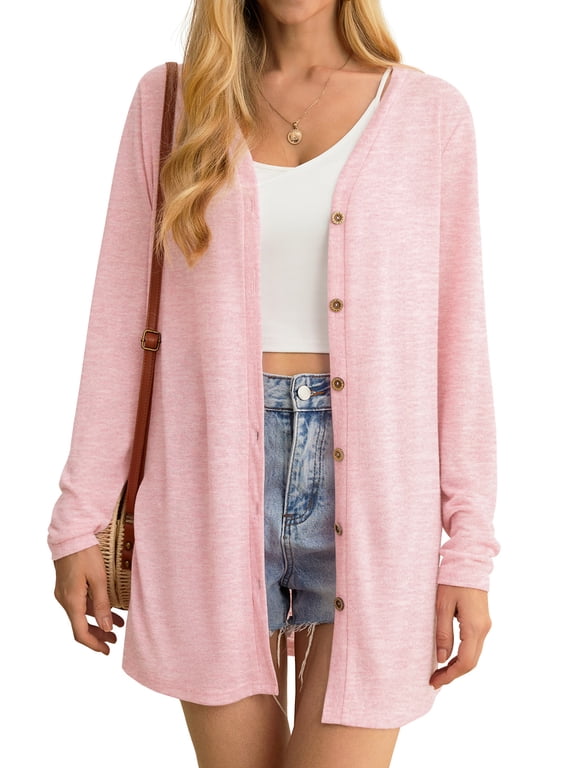 Women's Cardigan Lightweight Open Front Cardigan Sheer Long Sleeve Button Down Loose Knited Cardigan Pink X-Large