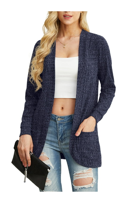 Women's Cardigan Long Sleeved Storage Casual Lightweight Soft And Comfortable Fan-shaped Hem Knitted Cardigan Sweater Coat Navy Blue L