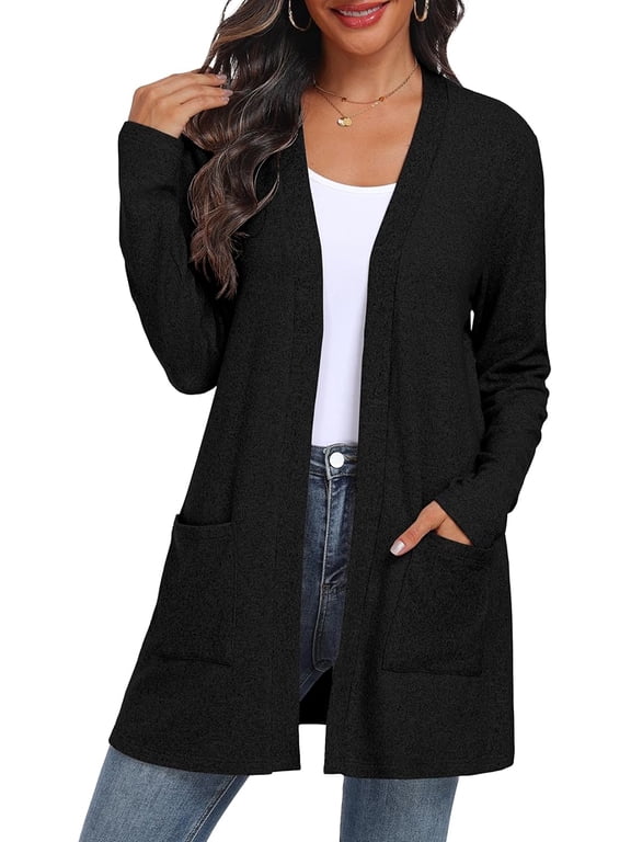 Women's Cardigan Open Front Lightweight Cardigan Long Sleeve Cardigans with Pockets Black 2XL