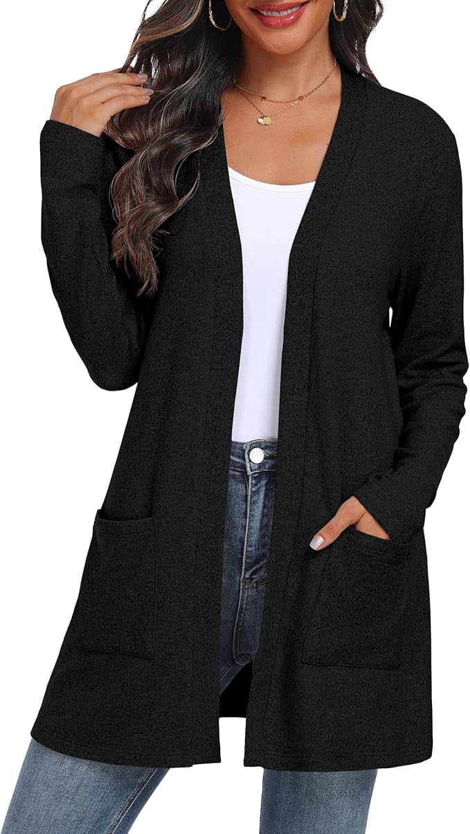 JWD Women's Cardigan Open Front Lightweight Cardigan Long Sleeve Cardigans with Pockets Black L