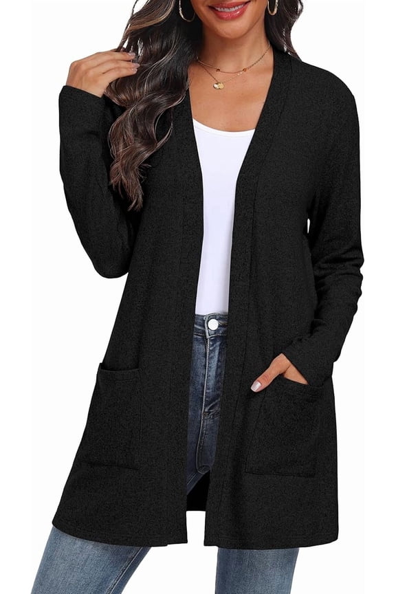 Women's Cardigan Open Front Lightweight Cardigan Long Sleeve Sweater Cardigans with Pockets Black M