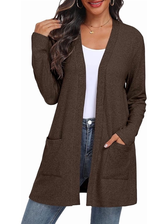 Women's Cardigan Open Front Lightweight Cardigan Long Sleeve Cardigans with Pockets Coffee L