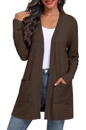 Women's Cardigan Open Front Lightweight Cardigan Long Sleeve Cardigans with Pockets Coffee L