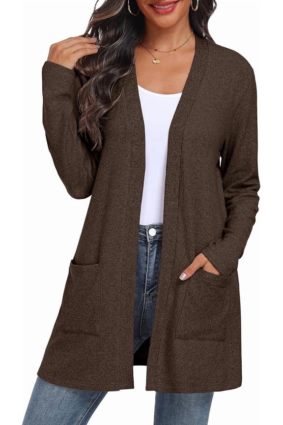 Women's Cardigan Open Front Lightweight Cardigan Long Sleeve Sweater Cardigans with Pockets Coffee XL