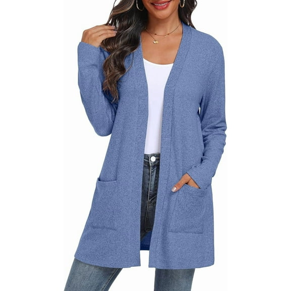 JWD Women's Cardigan Open Front Lightweight Cardigan Long Sleeve Sweater Cardigans with Pockets Denim Blue 2XL