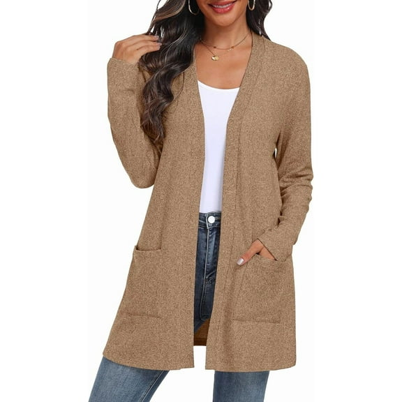 JWD Women's Cardigan Open Front Lightweight Cardigan Long Sleeve Sweater Cardigans with Pockets Khaki L