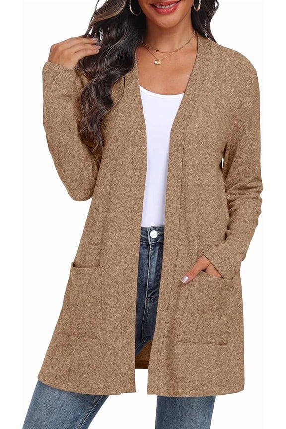 Women's Cardigan Open Front Lightweight Cardigan Long Sleeve Sweater Cardigans with Pockets Khaki XL