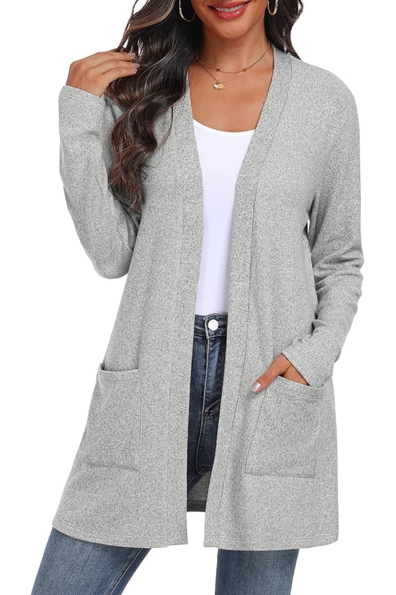 Women's Cardigan Open Front Lightweight Cardigan Long Sleeve Cardigans with Pockets Light Gray 2XL
