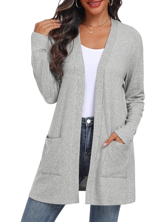 Women's Cardigan Open Front Lightweight Cardigan Long Sleeve Cardigans with Pockets Light Gray 2XL