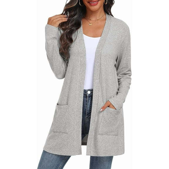 JWD Women's Cardigan Open Front Lightweight Cardigan Long Sleeve Sweater Cardigans with Pockets Light Gray 2XL