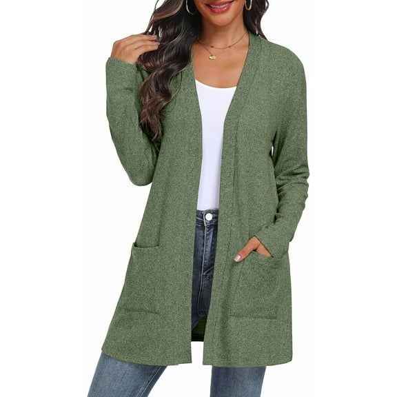 JWD Women's Cardigan Open Front Lightweight Cardigan Long Sleeve Sweater Cardigans with Pockets Moss Green L