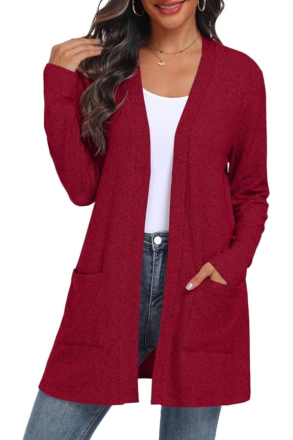 Women's Cardigan Open Front Lightweight Cardigan Long Sleeve Cardigans with Pockets Red 2XL