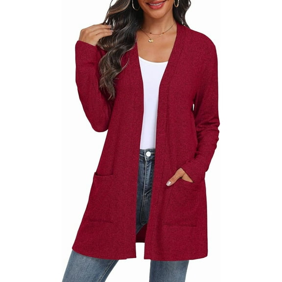 JWD Women's Cardigan Open Front Lightweight Cardigan Long Sleeve Sweater Cardigans with Pockets Red L