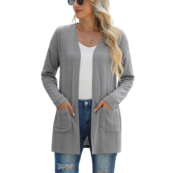 JWD Women's Cardigan Slim Fit Ribbed Cardigan Knitted Sweater with Pockets Dark grey L